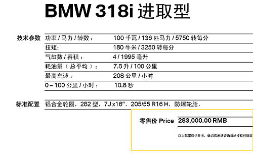 配置曝光 寶馬318i進取型低價車售28.3萬